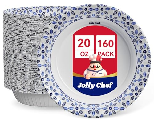 JOLLY CHEF 160 Count Paper Bowls 20 oz Soak Proof, Heavy Duty Printed Disposable Bowls Bulk for Dinner or Lunch
