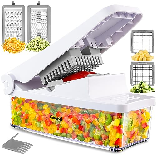 Geedel Vegetable Cutter, Onion Cutter Pro Food Chopper, Kitchen Vegetable Slicer Dicer Cutter Grater, Veggie Chopper with container for Salad Onion Potato Carrot (4 in 1, White)