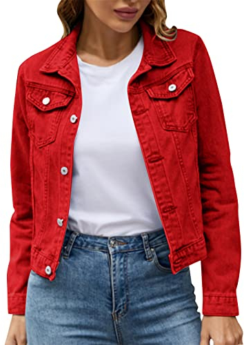 CHENSIYU Jeansjacke Damen Oversize,Damen Jeans Jacke Langarm Einfarbig Knopf Kurze Jeansjacke mit Taschen Leichte Jacken für Frauen Fashion Aesthetic Vintage Streetwear (Red, S)