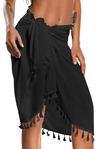 Eicolorte Beach Sarong Pareo Womens Semi-Sheer Swimwear Cover Ups Short Skirt with Tassels
