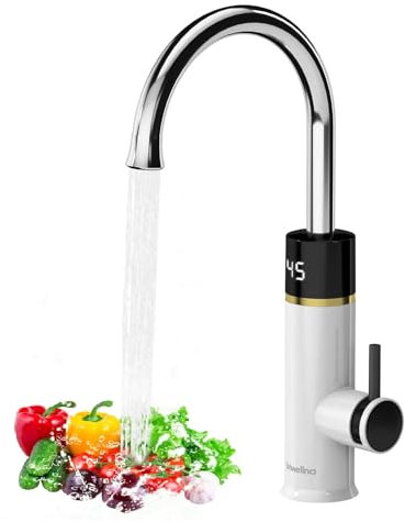 Briwellna Instant Electric Hot Water Faucet, 220V Tankless Electric Water Heater Tap, Instant Heating Kitchen Tap with Digital Display (White)