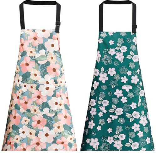 OWill Aprons for Women, 2 Pcs Chef Apron Adjustable Kitchen Apron with Front Pocket, Waterproof Flower Aprons for Cooking Baking Gardening