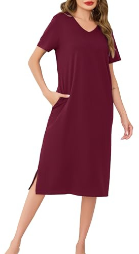 Wikoan Nighties for Women Cotton Nightdresses & Nightshirts Soft Long Nightgown Short Sleeve Loungwear Sleepwear with Pockets,Wine Red,XL