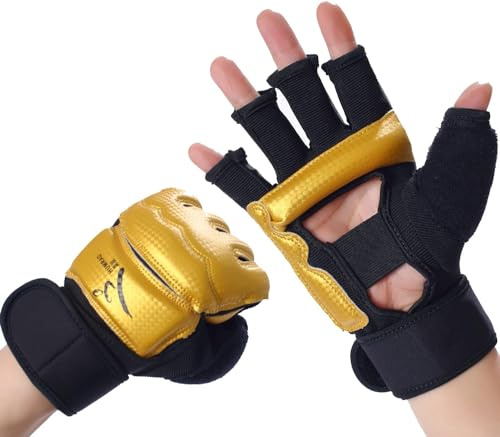 LiMMAX Guanti da boxe per kickboxing, MMA, da uomo, donna, mezze dita, guanti da combattimento, guantoni da boxe per allenamento con sacco da boxe, guanti UFC per uomini e donne, oro, XS
