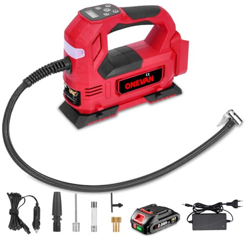 ONEVAN Akku Kompressor, 10 bar Elektrische Luftpumpe Reifendruckfüller mit 2000mAh Akku, LCD-Anzeige, Autostop Tragbare Reifenfüller für Auto, Motorräder, Fahrräder, Bälle