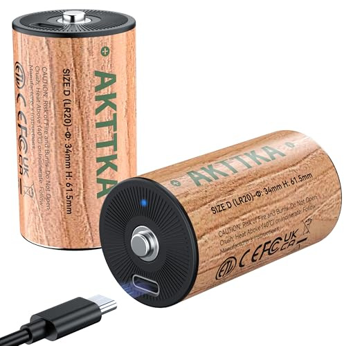 AKTTKA Piles Rechargeables D/LR20 12950mWh Lithium 1,5V Accu, Type D Baby D LR20 Batterie Grande Capacité avec Câble de Charge de Type C Rechargeable, Faible Auto-Décharge Longue Vie (2 Piles)