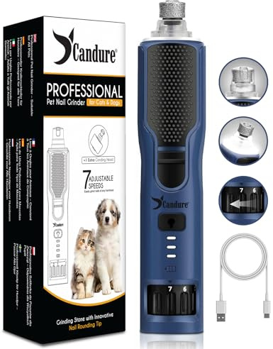 Candure Dog Nail Grinder Upto 7-Speed Dog Nail Trimmer for Large, Medium, Small Dogs, Cats & Pets - Low Noise Rechargeable Dog Claw Grinder with 360° LED Lights & Extra Grinder Head