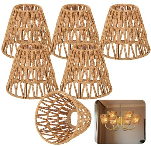 6 PCS E27 Rattan Lamp Shade,Bell Woven Wicker Lampshades Replacement,Paper Rope & Metal Frame,Bohemian Style Light Shade Replacement for Table Lamps,Pendant Lights,Wall Lights(5.5 H x 5.9 D)