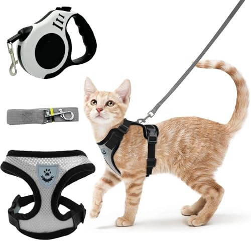 TenaLucy Katzengeschirr Ausbruchsicher(Grau), Katzenleine mit 5 m/16,4 Fuß(Weiß), Katzenleine mit Geschirr für Katzen Verstellbar, Katzen Geschirr Set mit Leine für Katze Hunde