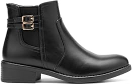 Boots Femme à Talon Bas | Bottine Style Chelsea en Similicuir | Facile à Enfiler avec Décor Double Boucle Latérale (68324 Noir, Système Taille Chaussures EU, Adulte, Numérique, Moyen, 40)