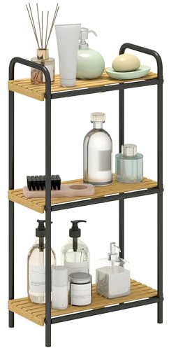 HOMCOM 3-Tier Bamboo Bathroom Storage Shelf, Freestanding Narrow Shelving Unit with Slatted Shelves for Kitchen Bathroom Living Room, 41.5 x 21.5 x 77.5 cm, Natural and Black
