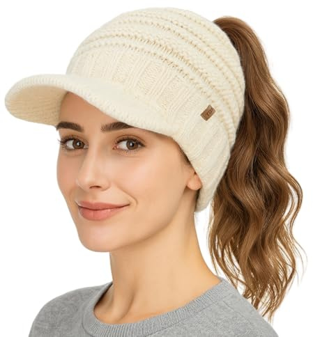 TOP-EX Damen mütze mit Schirm Winter Beanie hat für Women Pferdeschwanz Herren Cap strickmütze Strick Fleece gefütterte schirmmütze Loch großer Kopf Running Beige