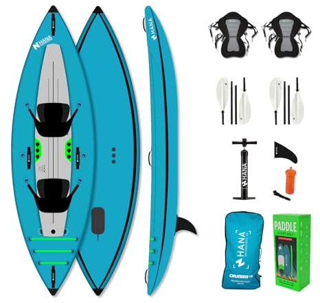 HANA Cruiser 1/2P Kayak Gonflable – Pack Complet 1 ou 2 Places – Canoë Stable & Robuste – Plancher Dropstitch – Inclus : 2 Pagaies, 2 Sièges, Pompe, Sac – Idéal Mer, Lac & Rivière – 340cm
