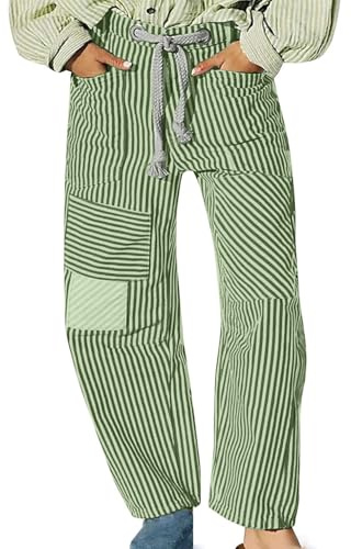 Jeans de cintura atada para mujer, estilo barril, de pierna holgada y cortada, con mezcla de retazos vintage y rayas, pantalones de mezclilla a la rodilla, ligeros, para uso diario, con bolsillos