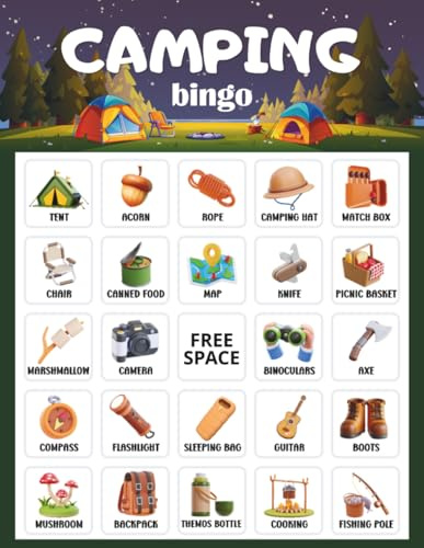 Camping Bingo: 32 player Camping Party Game, Kids' Road Trip Activity, Camping Activity for Family Game Night