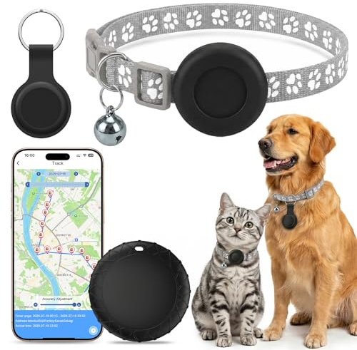 Cat GPS Tracker with Collar, Dog Tracker, Real-Time Tracking Cat/Dog GPS Tracker No Monthly Fees, Compatible with iOS and Android, Stretchy Cat GPS Tracking Collar, Dog Collar Holder, IPX6 Waterproof