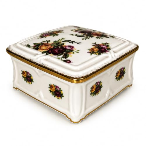 Rahm Royal Albert Old Country Roses porslinsburk med lock – smyckesburk – ca 9 × 9 × 5 cm – benporslin – England – samlarobjekt