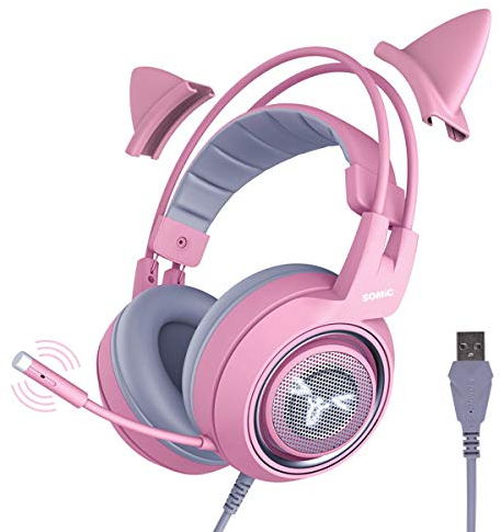 Somic G951rosa Rose Kat Gaming Headset Kopfhörer mit Virtuell 7.1 Klingen und LED Licht, Mikrofon für Computer, PS4, Laptop an Freundin, Frau (USB Stecker) USB-Buchse Rose