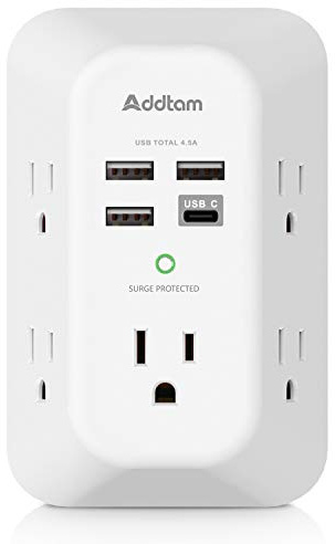 Addtam 5-Outlet Extender Surge Protector, Multi Plug Wall Outlet with 4 USB Wall Charger(1 USB C Ports), Outlet Splitter Power Strip for Home Office Dorm Room Essentials, Plug Extension Outlet 1800J