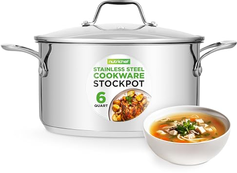 NutriChef Edelstahl Kochtopf 5.68 L mit Glasdeckel | Induktion & Gas geeignet | 18/8 Suppentopf & Nudeltopf | Hitzebeständig bis 260 °C | Für alle Herdarten, Silver