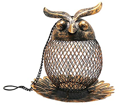 Angoily Soporte para albóndigas con forma de búho, comedero para pájaros silvestres, de metal, para colgar, estación de alimentación para colgar, silo de alimentación para balcón, terrazas, jardín