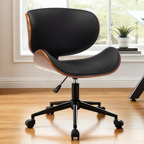 Mingone Bürostuhl Holz Computerstuhl 360° Ergonomisch Schreibtischstuhl Drehstuhl Ohrensessel Design mit Rollen Höhenverstellbar Leder Schwarze bis 150kg