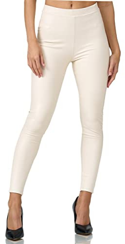 Gloop Legging taille haute pour femme - Collants - Treggins - Look cuir - Taille haute, Blanc avec poches arrières, S