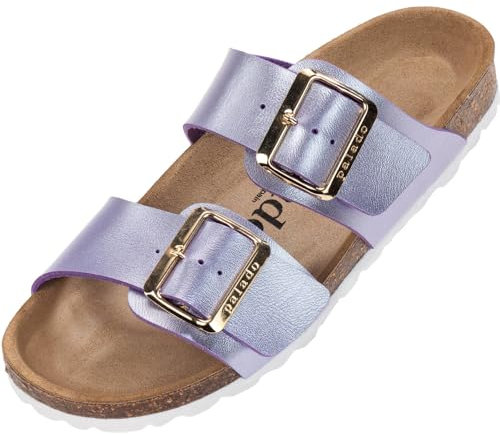 Palado Pantoletten Damen Samos EGS - bequeme Sandalen Made in Spain - Hausschuhe mit dämpfendem Kork-Fußbett - modische Sommerschuhe Flieder Metallic UK8 - EU41