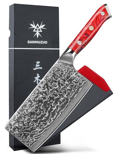 SANMUZUO Chinesisches Kochmesser 18 cm Profi Küchenmesser Damastmesser, Xuan Serie, VG10 Damaskus Stahl Küchenmesser mit Harz Griff(Sonnenuntergang Rot)