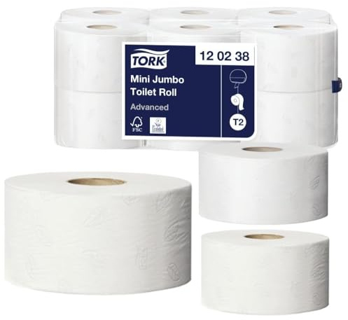 Mini Soft Jumbo Toilet Tissue Rolls T2 Advanced – 2‑Ply Soft White Toilet Roll, High‑Capacity Commercial Washroom Tissue, Compatible with T2 Dispensers – 12 x 170m