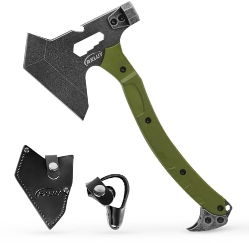RXLUY Tactical Axe with G10 Handle Camping Survival Hatchet, Multifunctional Hiking Outdoor Heavy Duty Full Tang Tomahawk Tools with Hammer, Unique Design Crowbar, Leather Sheath (Green)