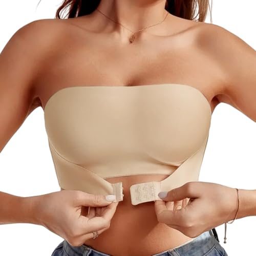 Sexy Code 1701 Women's Strapless Bandeau Bra Front Buckle Women Non Padded Top Tube Bras Wireless Bralettes Bandeau Seamless Bras(D452+D130,Beige,XL)