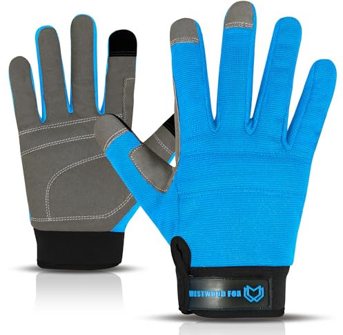 Sicherheitsarbeitshandschuhe Strapazierfähige Gartenhandschuhe für Männer, steckerfest, gepolstert, Handflächenschutz, Touchscreen, atmungsaktiv, mechanischer Baumeister (Blau, L)