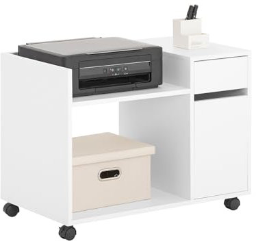 SoBuy Rollcontainer mit Schublade und Tür Druckertisch mit Rollen Druckerschrank Büro Schreibtisch Unterschrank, Aktenschrank mit Rollen für Büro Weiß 72x54x40cm, ASK02-W