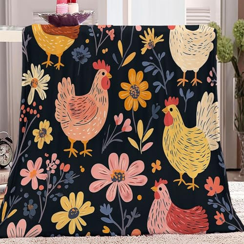 Kuscheldecken 180 x 220 cm für Schlafzimmer Sofa Tradition Blumen Und Huhn Flanell Fleece Decke Für Kinder Jungen Erwachsene Schwarz Aufdruck alle Jahreszeiten Decke