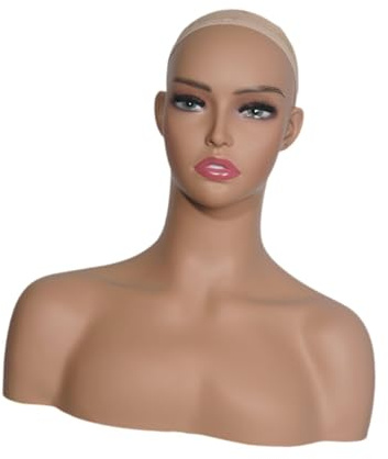 perfeclan Tête de mannequin femme avec support de perruque d'épaule Buste de mannequin multifonctionnel Présentoir de perruque pour boucles d'oreilles Collier