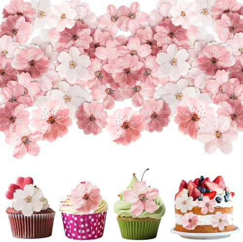 SGQTGIMU 50 Pezzi Fiori Commestibili Cupcake Toppers, Fiori di Ciliegio Decorazioni Commestibili Per Cupcake Per Compleanni, Feste Di Matrimonio (Rosa E Bianco)