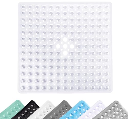 Alfombra de Ducha Antideslizante, Alfombrilla de Baño Antideslizante con Ventosas, 53 x 53 cm Alfombra Cuadrada para la Ducha, Lavable a Máquina, Transparente Blanco