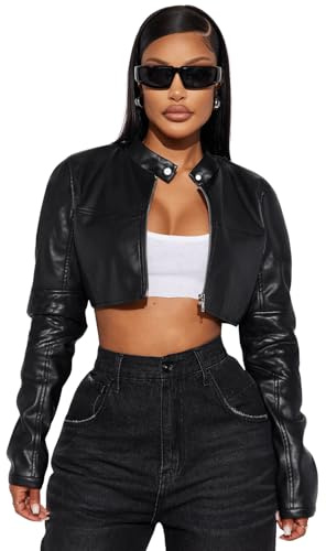 Charyeah Women's Fashion Faux Leather Jacket Crop Short Cropped PU Slim Zip Up Moto Biker Coat Motorcycle Jackets Coat (US, Alpha, Small, Regular, Regular, Black)