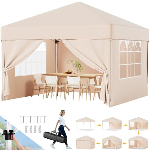 Devoko Tonnelle Pliante 3x3 Imperméable,Tonnelle de Jardin Exterieur Protection UV 50+,Réglable en Hauteur en 3 Parties,Tonelle pour Camping,Festival, Plage,Barnum Pliant,Beige