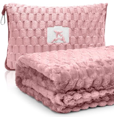 Manta de viaje almohada 2 en 1, suave y cálida manta de avión, almohada portátil multifuncional con funda de almohada, manta de viaje para avión, viajes, oficina, hogar, 127 x 152 cm (rosa)