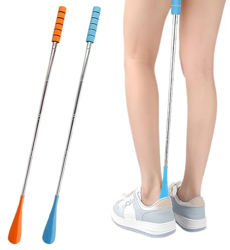 GNALIA Calzador De Zapatos Largo Extensible 30-70Cm, Acero Inoxidable Ajustable, 2 Unidades Colores Naranja Y Azul, Para Hombres Mujeres Y Personas Mayores