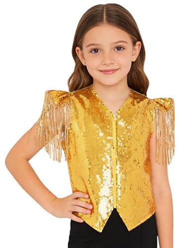 TiaoBug Chaleco De Lentejuelas Con Flecos Para Niñas Top De Discoteca Con Cremallera Disfraz De Fiesta Discoteca Actuación