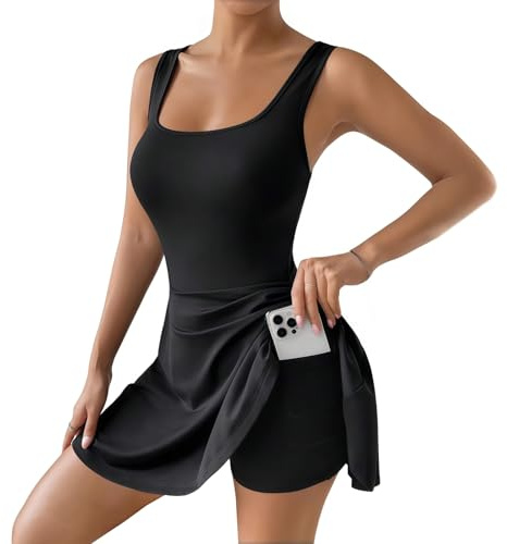 SamHeng Tennis Dress with Shorts Women Sleeveless Golf Skort Dress | U Neck Short A Line Skater Golf Dresses with Pocket Running Fitness Workout Athletic Active Sports Dresses Tennis Outfit