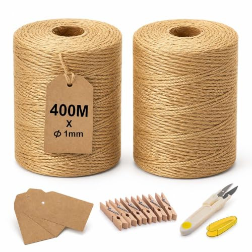 LMSAWK Cuerda de Yute Set 400 m 1 mm Cordel Natural para Manualidades