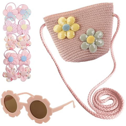 HTTDSLF Borsa a Tracolla per Ragazze, Borsetta per Bambini, Principessa Borsa per Bambina - Occhiali da Sole a Forma di Fiori & 10 Fascia per Capelli, Idea Regalo Piccola Ragazza Compleanno Natale