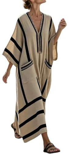 Robe Longue Femme - Caftan Été Imprimé Col V Manches Courtes Tunique Bohème Ethnique Vintage Cache-Maillot De Bain Ample Grande Taille Décontractée Vacances Plage Vintage Robes Fluide