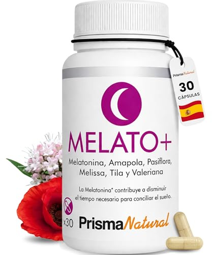 Melatonina Melato+ 30 Cápsulas – Pastilla para Dormir Con Pasiflora, Amapola de California, Melisa, Valeriana y Tila – Complemento Alimenticio para la Rutina Nocturna – Prisma Natural