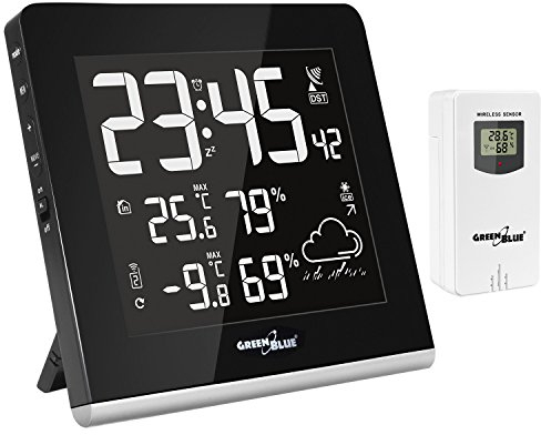 GreenBlue GB151 DCF Stazione Meteo Wireless Con Sensore Esterno Previsioni Meteo DCF Display LCD a 9 Colori Multicolore Funzione di Ricarica USB