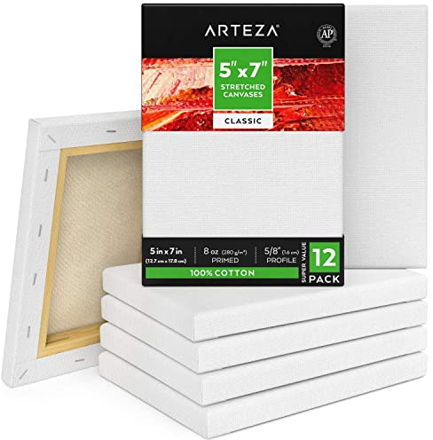 Arteza Leinwand Keilrahmen, 12.7 x 17.8 cm Großpack mit 12 bespannten Keilrahmen, weiße grundierte 100% Baumwolle, für Malerei, Acrylgießen, Ölfarben & nasse Kunstmedien, Leinwände für Profis & Hobby